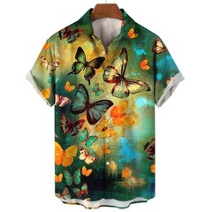 Mens Button Down Colorful Butterfly Print Hawaiian Top Novelty Summer Gift Shirt