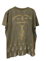 Christian Audigier T-Shirt L Olive Green Winged Grenade Rhinestone Y2K Foil #63