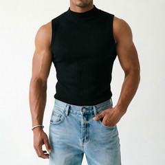Men Ribbed Sleeveless Tank Top with Half Turtleneck Neckline Casual Vest