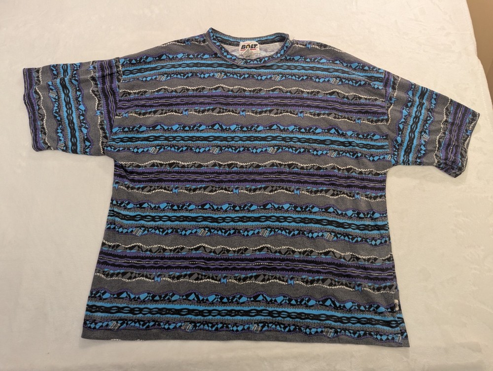 Vintage AOP Surf T-Shirt Pattern XL Boxy 80s 90s Bolt Streetwear Skater Blue