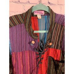 Mens Patchwork Short Sleeve Shirt Lace Up Front Multi XXL Festival Boho Hippie