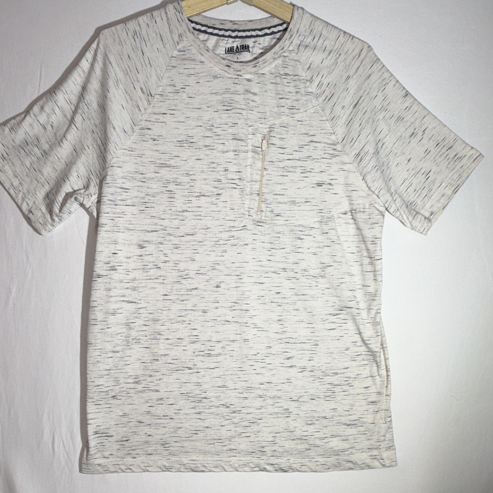Lake & Trail Men’s Heathered White/Gray Crew Neck Zip Pocket T-Shirt L