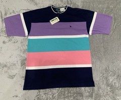 Vintage 90s Striped Shirt Mens Large Navy Teal Knights of Round Table Tee Y2K
