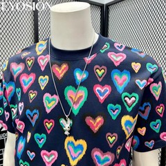 Men Heart Print Short Sleeve T-Shirt Casual Retro Round Neck Summer Cotton Tee