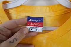 Vintage 90s Champion Mens Large Spell Out Acid Wash Long Sleeve T-Shirt Yellow