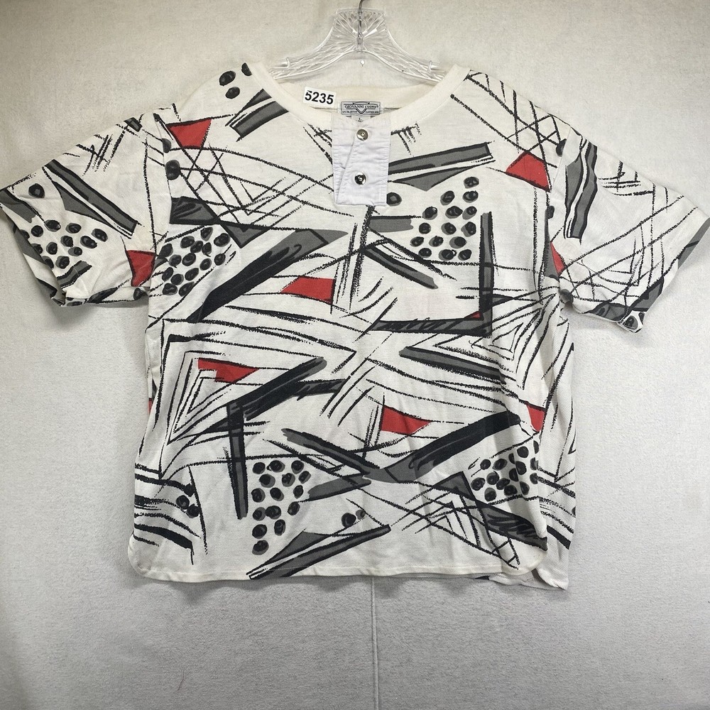 Vintage 90s All Over Print Short Sleeve Collar Henley Large BOXY Canvas Art