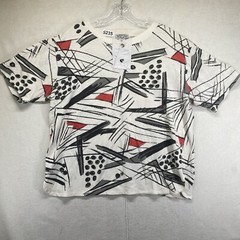 Vintage 90s All Over Print Short Sleeve Collar Henley Large BOXY Canvas Art
