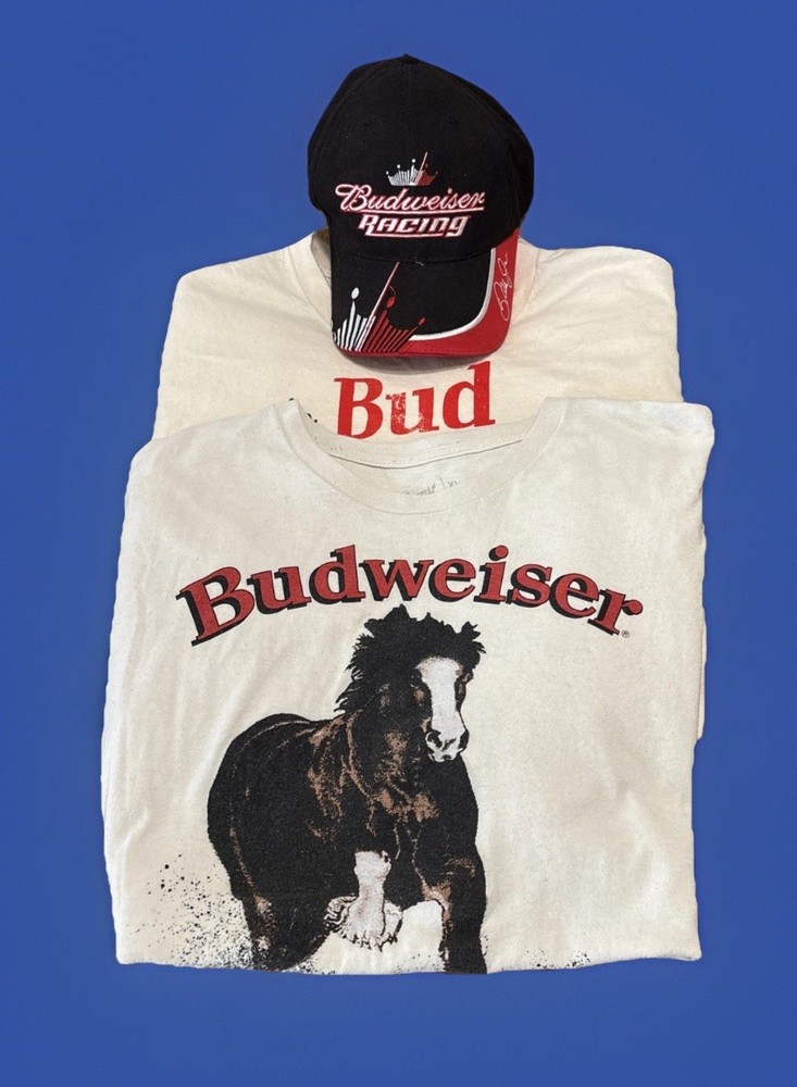 Budweiser T-Shirts (2) Men’s XL & Adjustable Strap Hat White Graphic Print