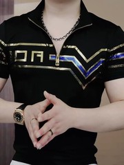 New Men Luxury Diamond Rhinestones Fashion Black Polo T-Shirt High Quality
