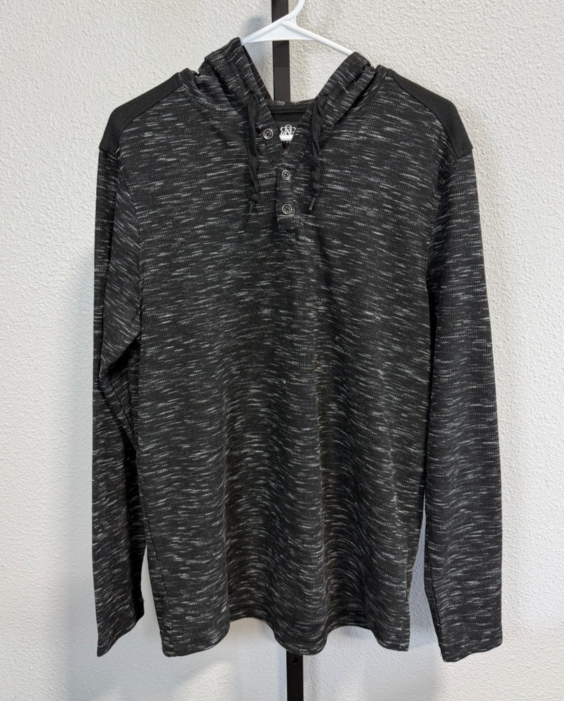 Rock & Republic Men Pullover Hooded Henley Long Sleeve Shirt Black/Grey Marled L