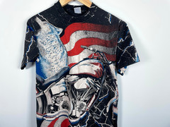 90s AOP Wolf Motorcycle American Flag T-Shirt Adult Medium Single Stitch 1994