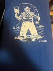 Columbia Mens Novelty Tee Blue and White XL 100% Cotton APE Fisherman
