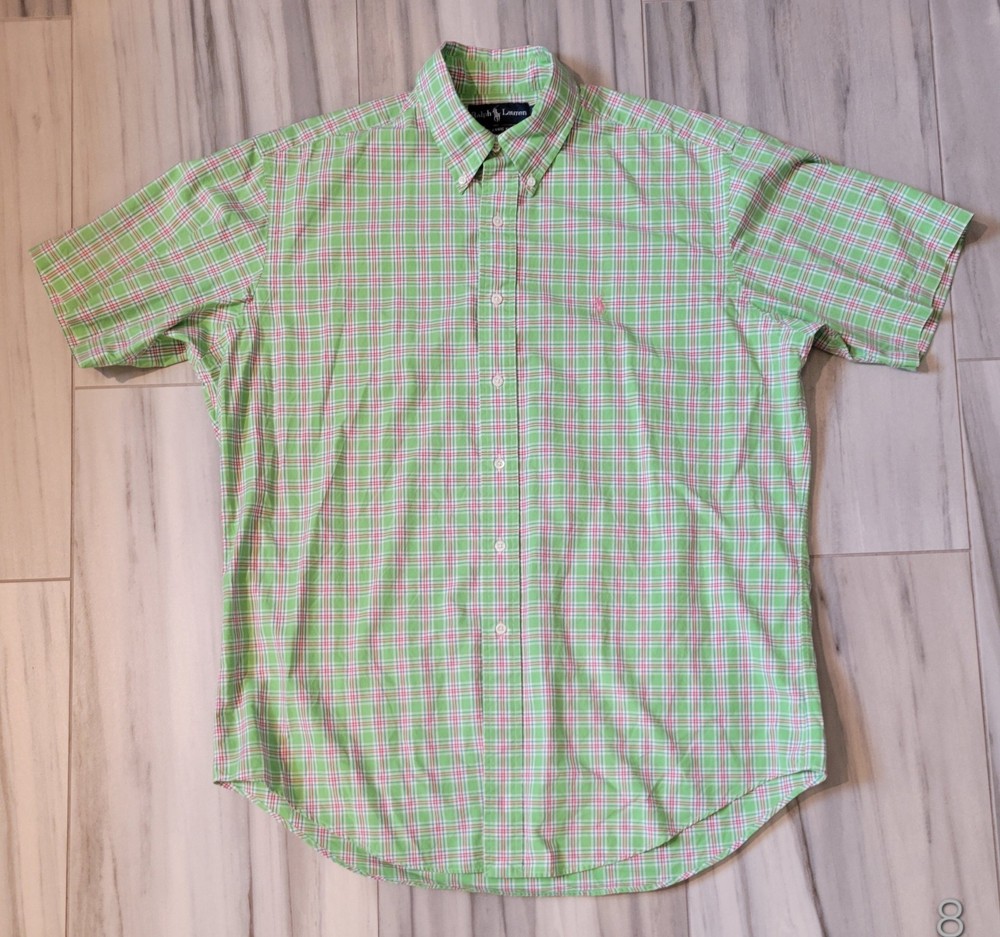 L Ralph Lauren Classic Fit it Short-Sleeve Plaid Shirt Embroidered Pink Pony