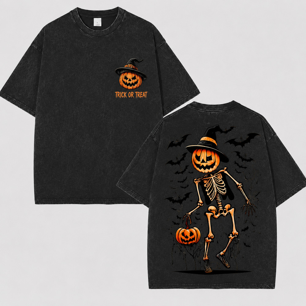 Pumpkin Skeleton Washed T-Shirt Trick or Treat Halloween Graphic Tee