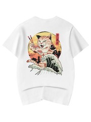 Niepce Men’s Sushi Eating Cat Graphic Tee Japanese Streetwear Crewneck T-Shirt