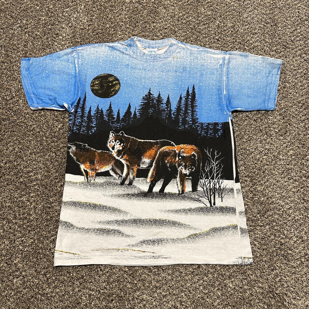 Vintage Wolf T shirt Size M 90s All Over Print Nature – Pre-owned
