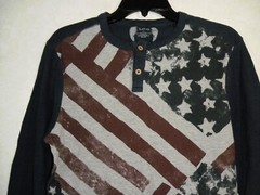 SGR Thermal Henley Shirt Men L Blue Faded Stars Stripes Long Sleeve