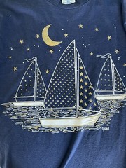 Vintage Foiled Art Shirt Sailboat Ocean Moon Stars Gold Glitter Large Navy Blue