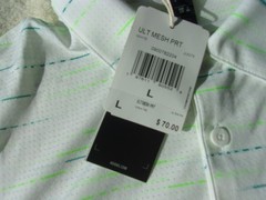 NWT Adidas polo, men’s M, L white, poly., collar, $70, stripes, lightweight