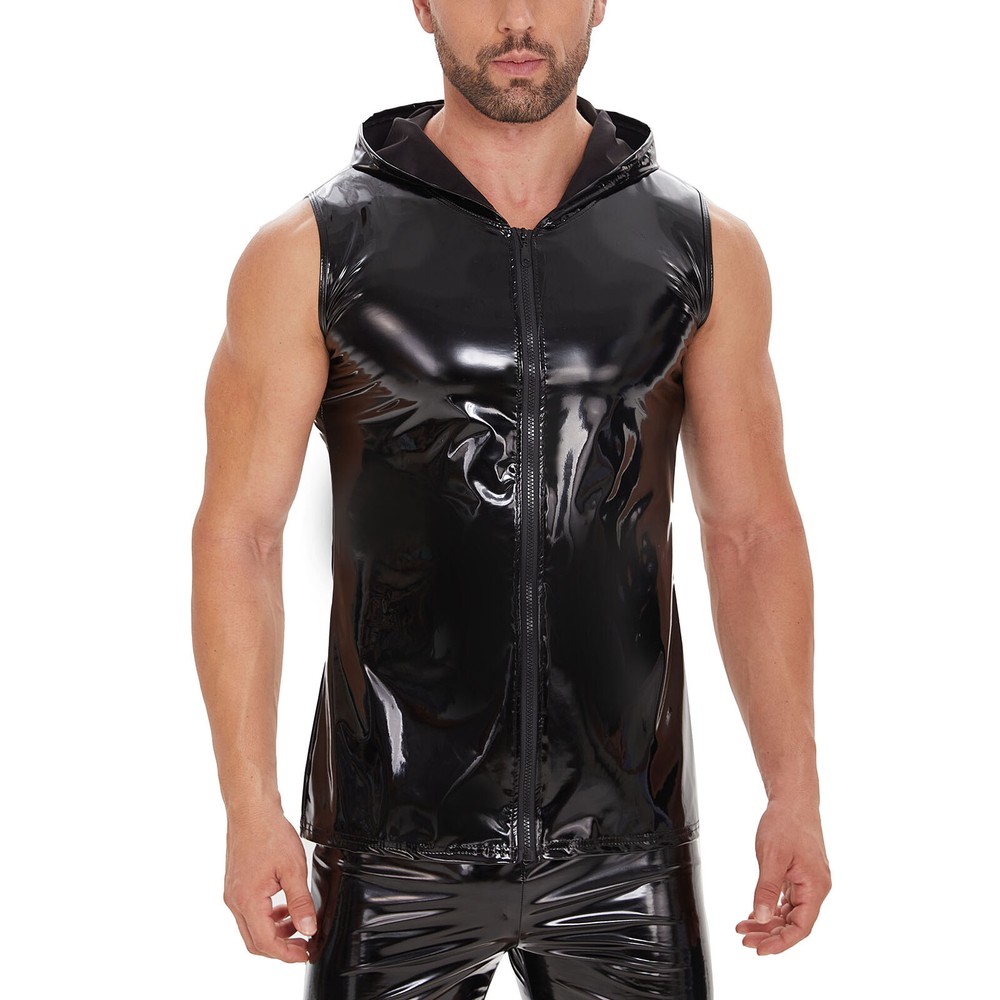 Mens Shiny PVC Leather Tank Tops Full Zipper Glossy Hoodies T-Shirts Latex Vests