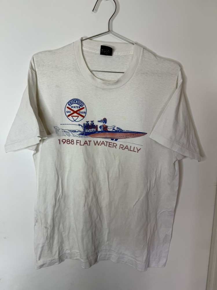Vintage Shirt Adult L White Flat Water Rally Boat 1988 Graphic Single Stitch