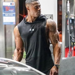 Men Sleeveless Hooded Tank Top Cotton Breathable Gym Fitness Bodybuilding