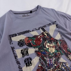 Vintage Petroleum Ukiyo-e Samurai Sequin Beaded Print T-Shirt Ash Purple M