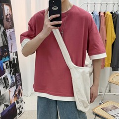 Summer Men’s Cotton Loose Casual Large Size Fake Two Pieces Short Sleeve T-Shirt