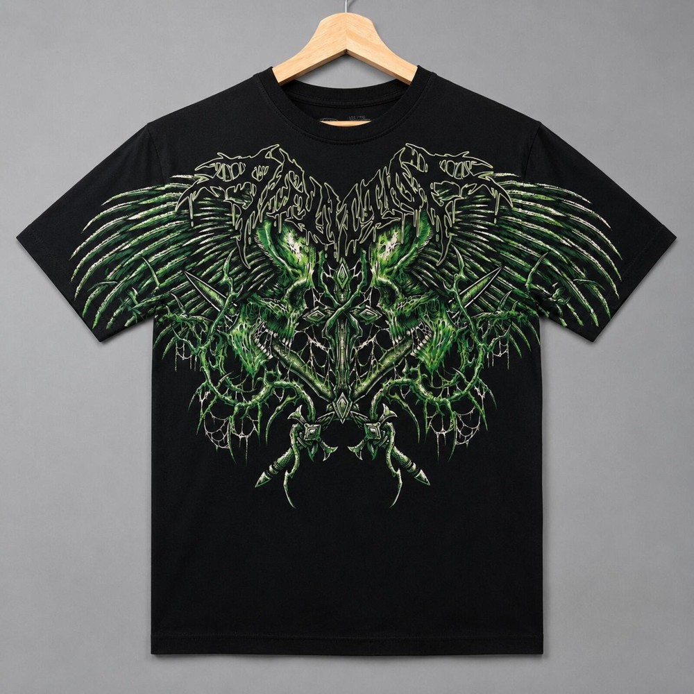 Affliction Graphic Print T-Shirt Black Green XL