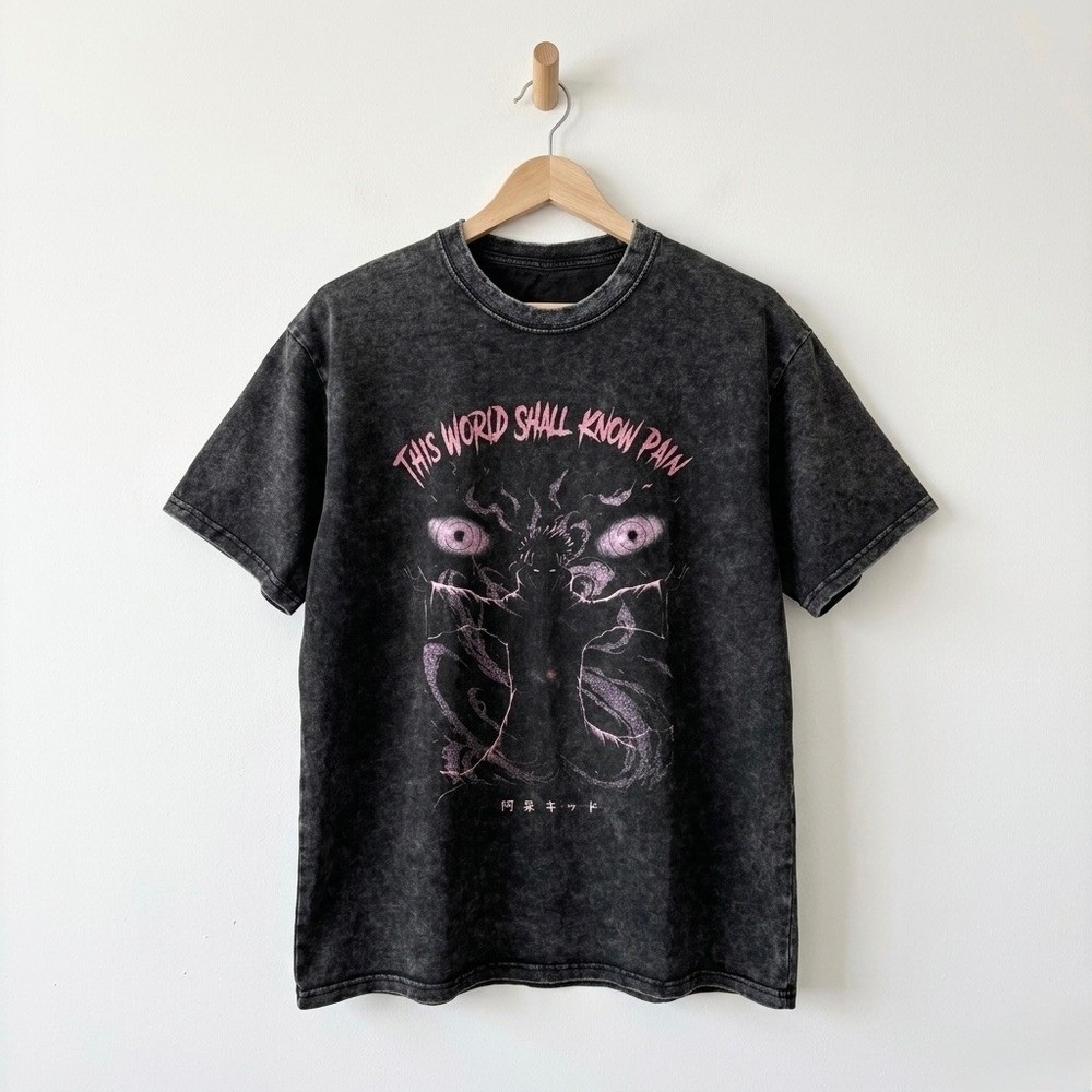 Naruto Pain Graphic T-Shirt Mens Large Acid Wash Black World Shall Know Pain
