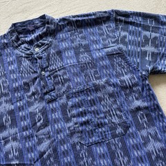 Guatemalan Ikat Collarless Henley Indigo Blue Shirt Men’s Medium M Women’s Large