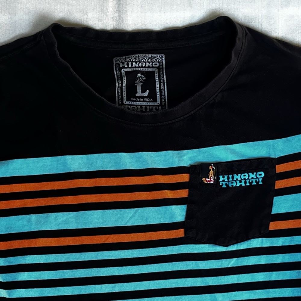 Hinano Tahiti Shirt L Black Striped Beer Surf Hawaii Pocket Waimea Pipeline 2952