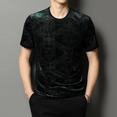 New Men Fashion Bronzing Flocking Trend Silky Velvet Summer Short Sleeve T-Shirt