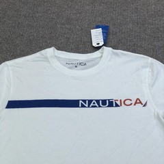 Nautica Shirt Mens Medium White Logo Stripe Graphic Tee Tagless Nautical