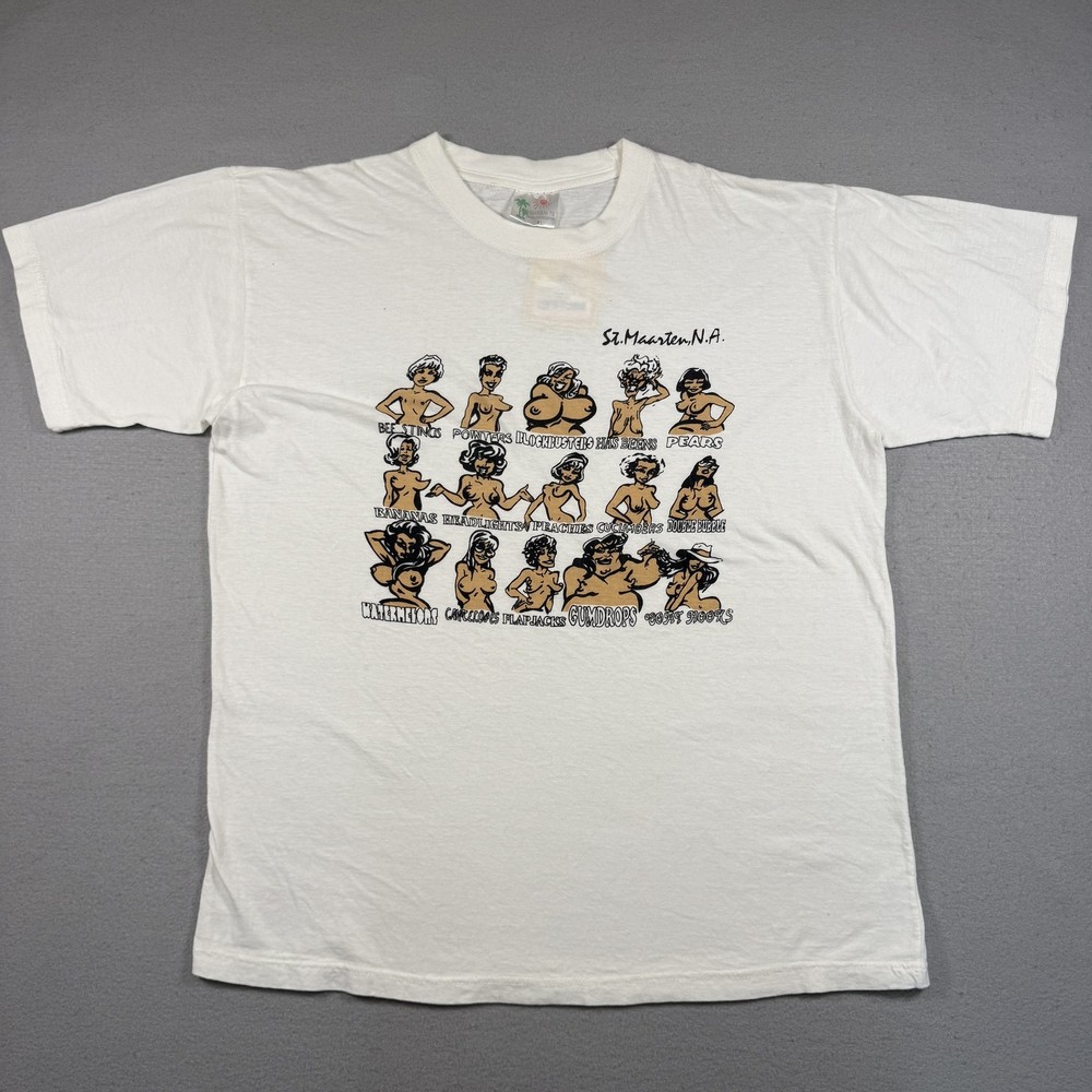 Carribian Tees T-Shirt Men’s XL White St. Maarten Boobs Funny Joke Vintage Y2K