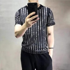 New Men Luxury Diamond Rhinestones Fashion Black T-Shirt High Quality