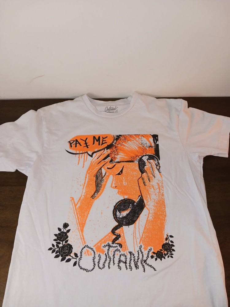 OUTRANK “PAY ME, CRYING” Men’s Medium White TSHIRT Orange/Blk Graphic, Money 💰