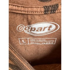 Copart all-over print tee cars, trucks, tow auto promotional apparel brown sz L