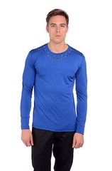 Mondo Men’s Italian Fashion Long/SLEEVE T-SHIRT Studded stars Royal Blue sweater