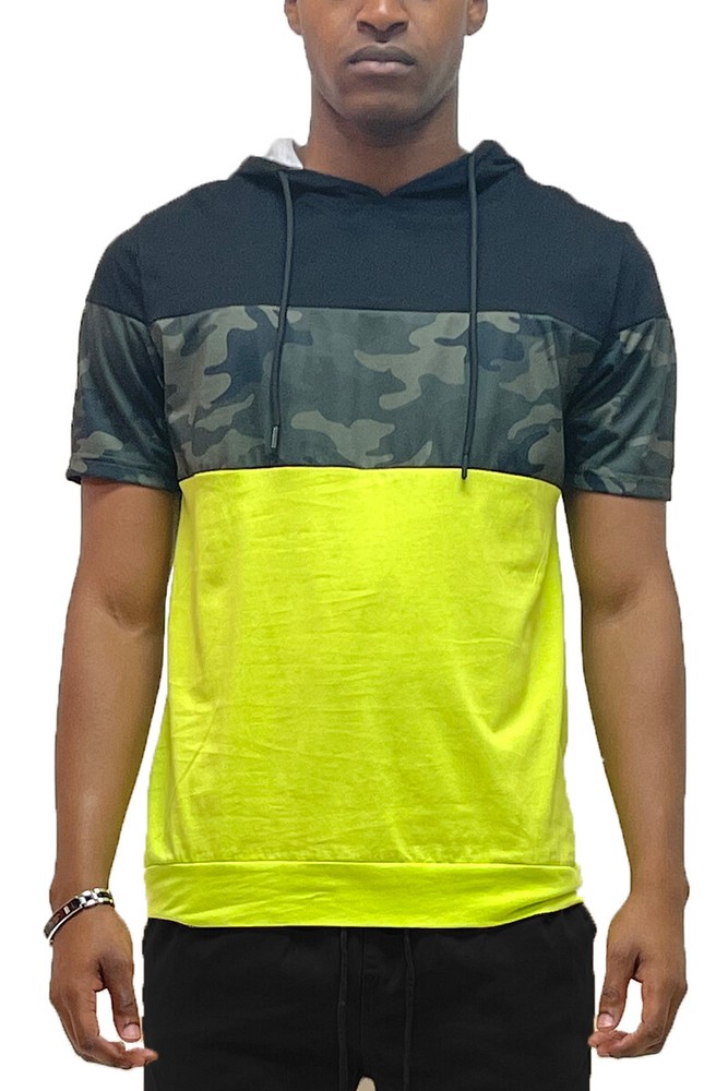 Mens Cotton Solid Color Camo Colorblock Short Sleeve Tshirt Hoodie