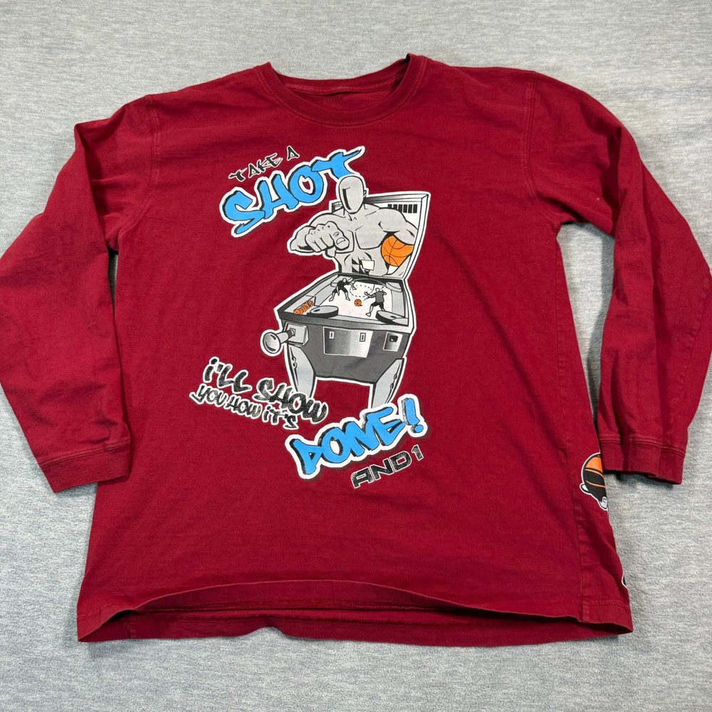 AND1 Shirt Men M Maroon Long Sleeve Take A Shot Jack In Box Graphic Vintage Y2K