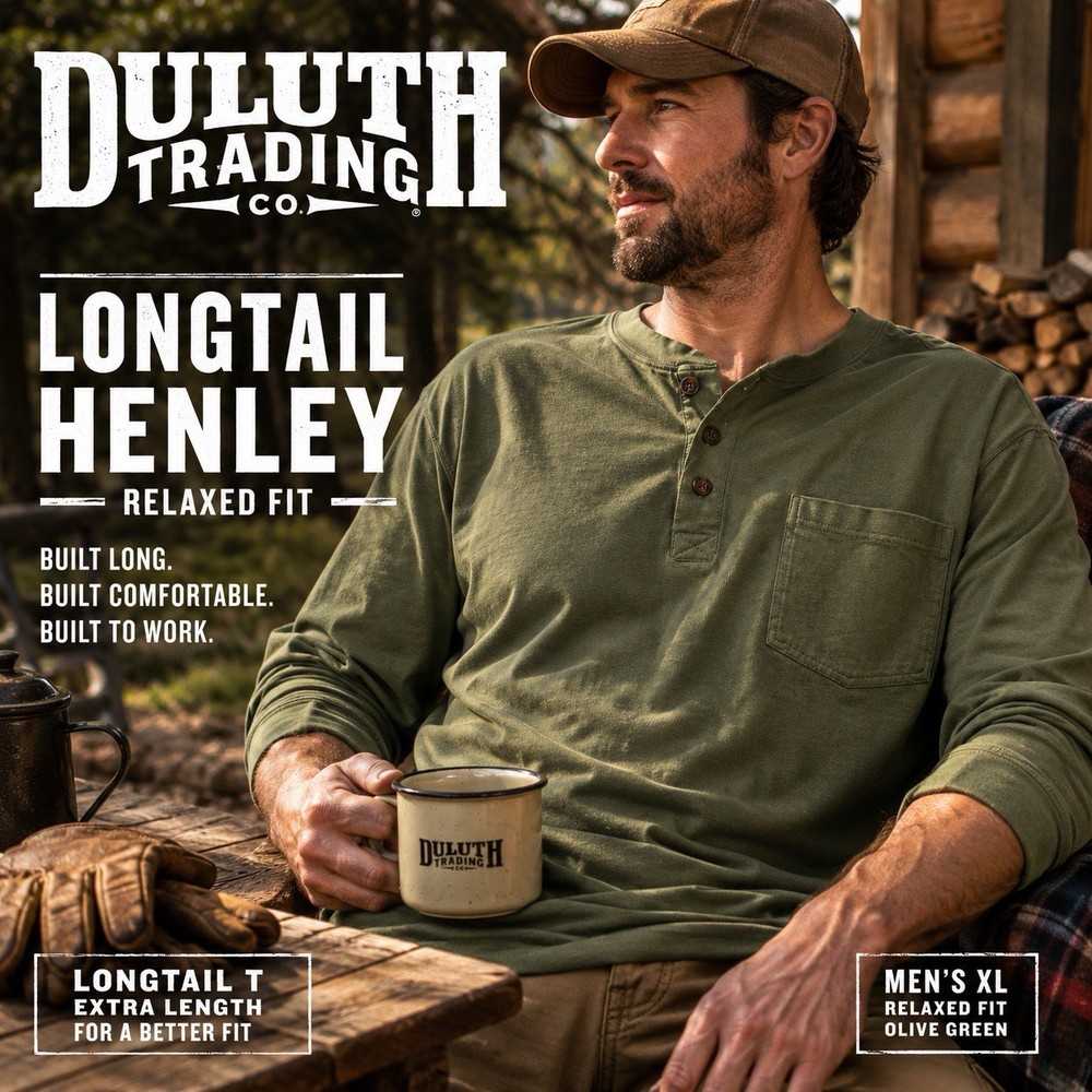 Duluth Trading Co. Longtail Men’s Henley Long Sleeve Pocket Tee Olive Green XL