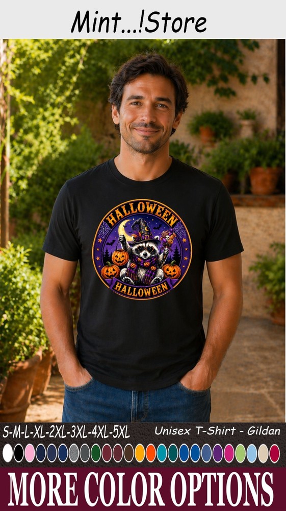 Halloween Raccoon Shirt, Cute Witch Hat Pumpkin Spooky Tee