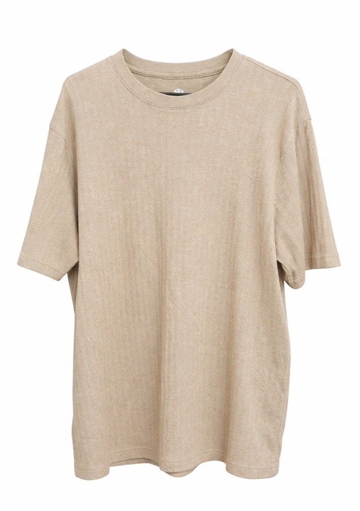 Covington Mens XL Tan Vertical Textured Knit Top Short Sleeve Crew Neck Cotton