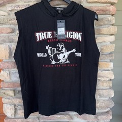 TRUE RELIGION Buddha World Tour Hooded Tank Medium Jet Black Drawstring NWT