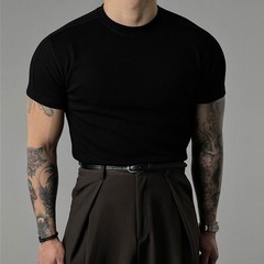 Men Short Sleeve Ribbed T-Shirt Small High Collar for Fitness Training Gym Wear