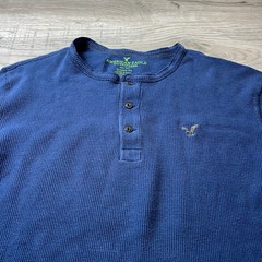 American Eagle Henley Mens Large Blue Waffle Knit Long Sleeve Thermal Shirt