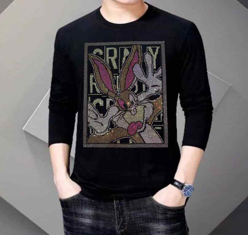 New Men Fashion Diamond Rhinestones Bunny Rabbit Luxury Black Long T-Shirt