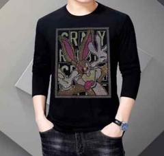 New Men Fashion Diamond Rhinestones Bunny Rabbit Luxury Black Long T-Shirt