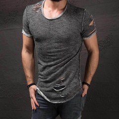 Hot Men’s Slim Fit O Neck Short Sleeve Muscle Tops T-shirt Ripped Casual Blouse